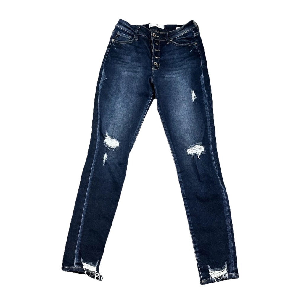 Kancan Estilo Mid Rise Dark Blue Skinny Jeans Distressed Stretch 9/28x30 Grunge